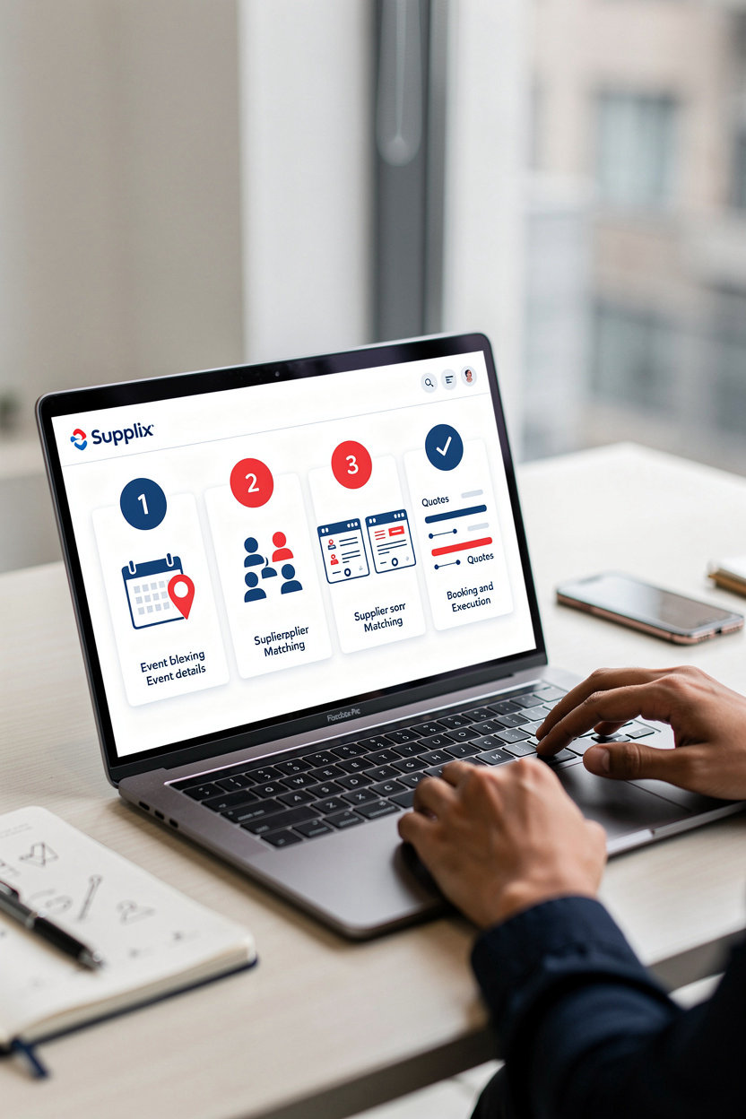 Supplix marketplace process showing event organizers connecting with verified suppliers in Riyadh